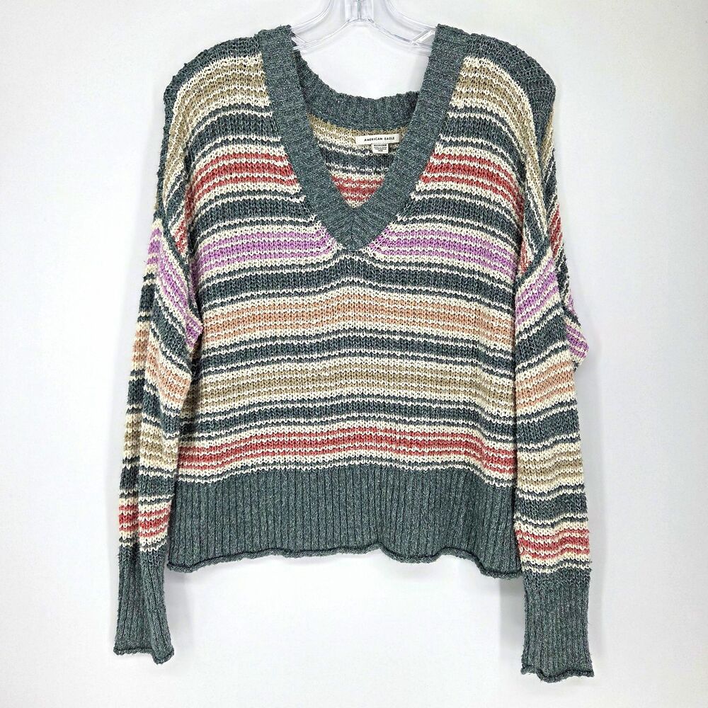 American Eagle Womens Striped V-Neck Oversizes Knit Sweater Colorful Fall XS